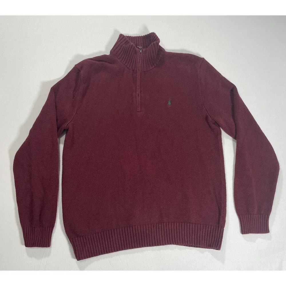 Polo Ralph Lauren Jacket Mens Medium Maroon 1/4 Zip Sweater Green‎ Pony Pullover